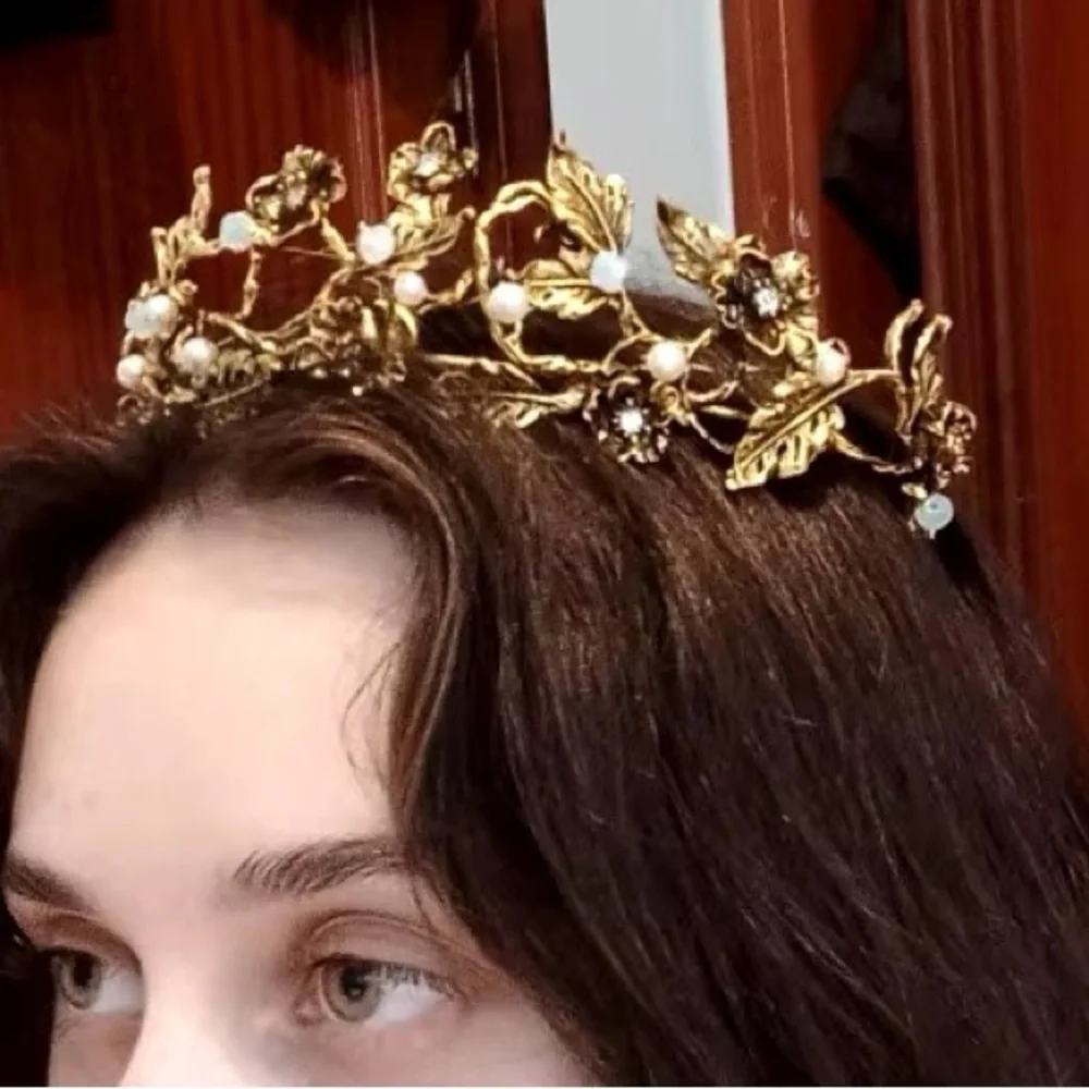 Vintage Baroque Gold Color Pearl Leaf Bridal Tiara